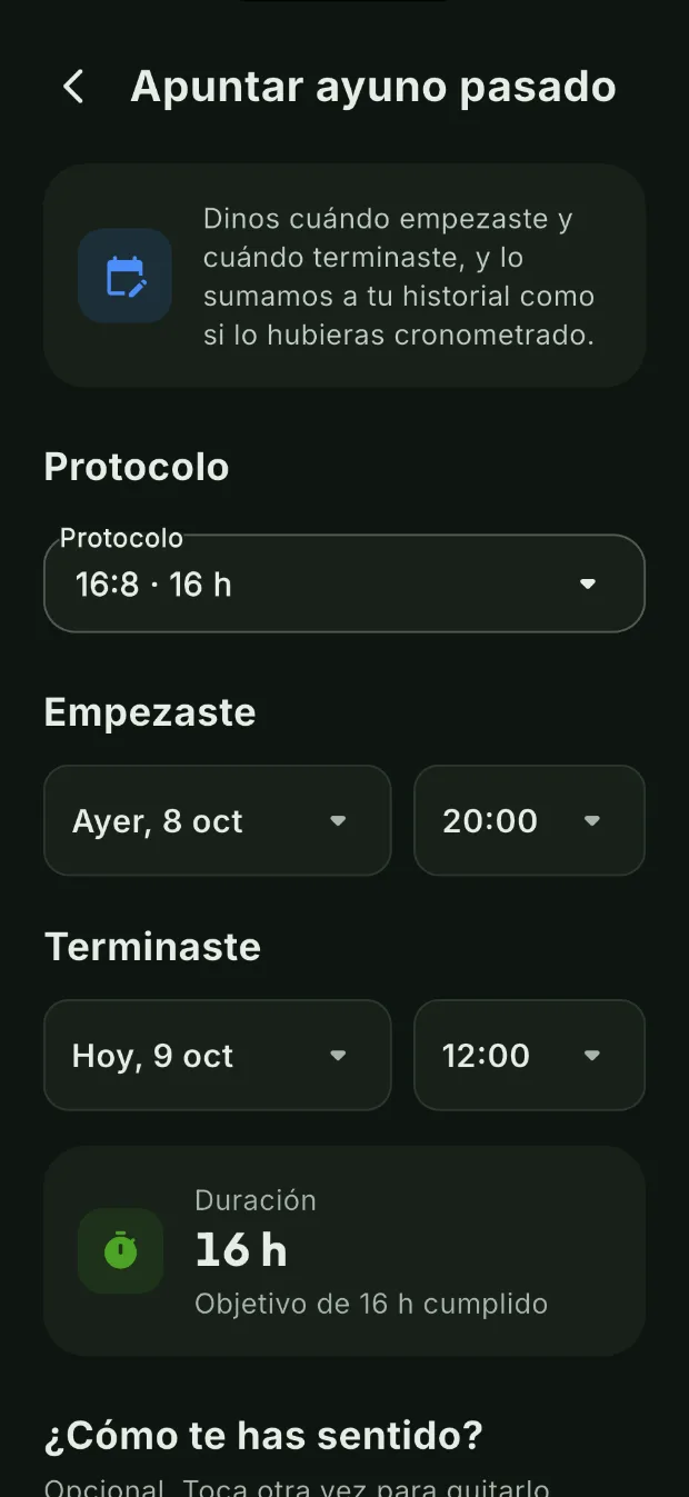 Pantalla para apuntar un ayuno pasado en DietaGo con protocolo, inicio, fin y duración