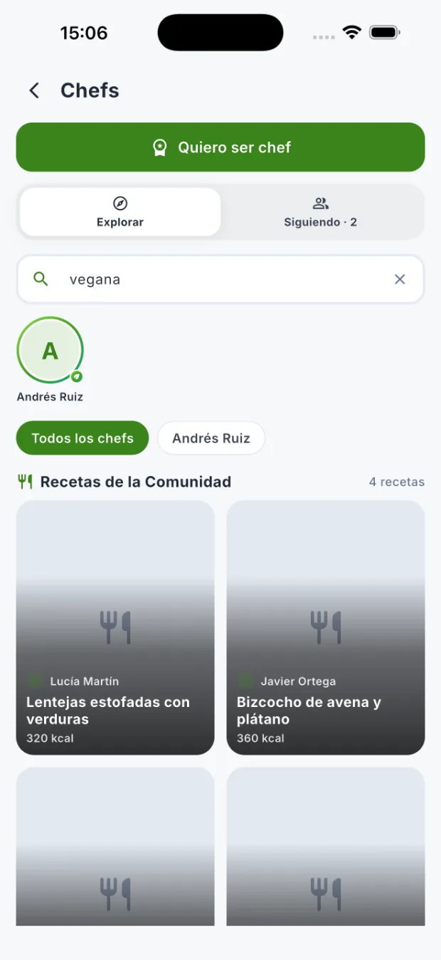 Pantalla de chefs de DietaGo con el botón «Quiero ser chef» y recetas de la comunidad